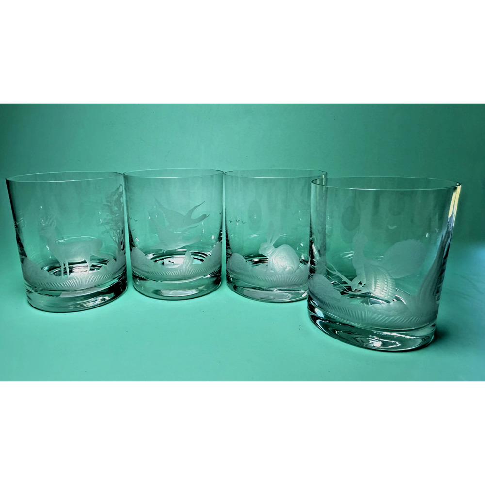 Vintage Riedel Hunt Scene Wild Game Etched Double Old Fashioned Glasses Barware